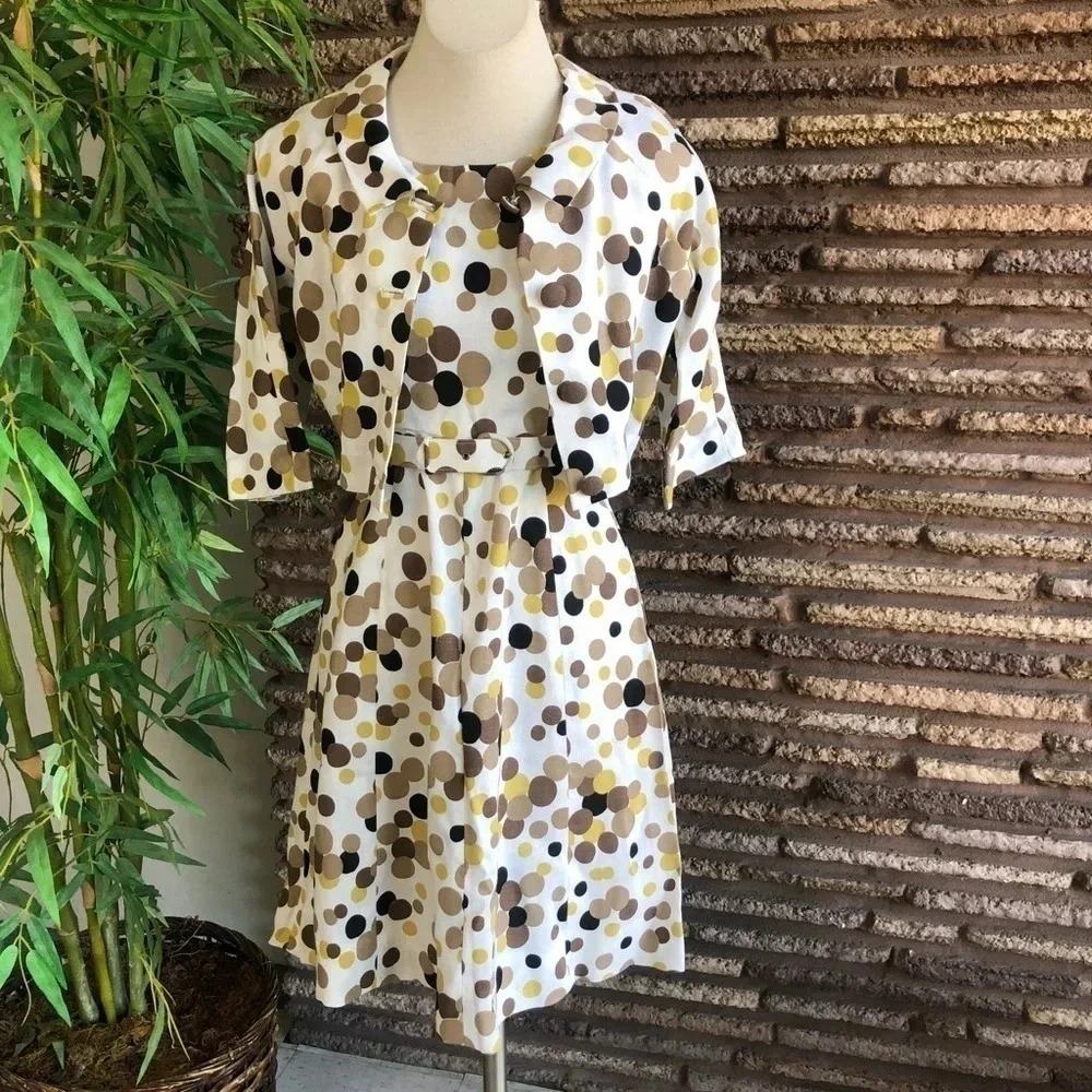 Vintage Polka Dot Midi Dress and Jacket Set in White, Black, Tan, Brown, Yellow